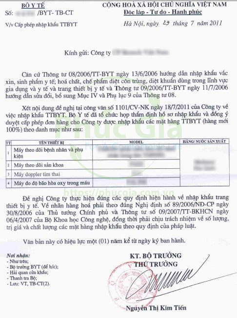 giấy phép nhập khẩu thiết bị y tế