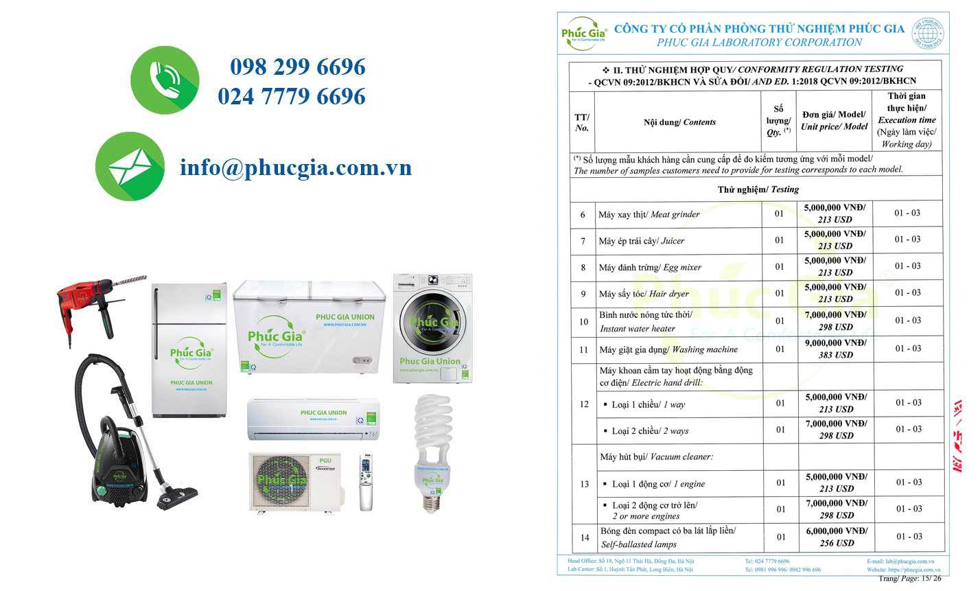 Báo Giá Thử Nghiệm QCVN 09:2012/BKHCN và Sửa Đổi 1:2018 Cho Thiết Bị Điện Gia Dụng