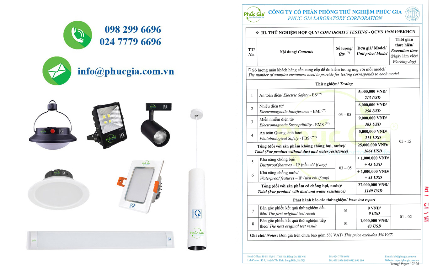 Báo Giá Thử Nghiệm Hợp Quy Đèn LED Theo QCVN 19:2019/BKHCN (An Toàn Điện, Tương Thích Điện Từ (EMI, EMS), An Toàn Quang Sinh Học)