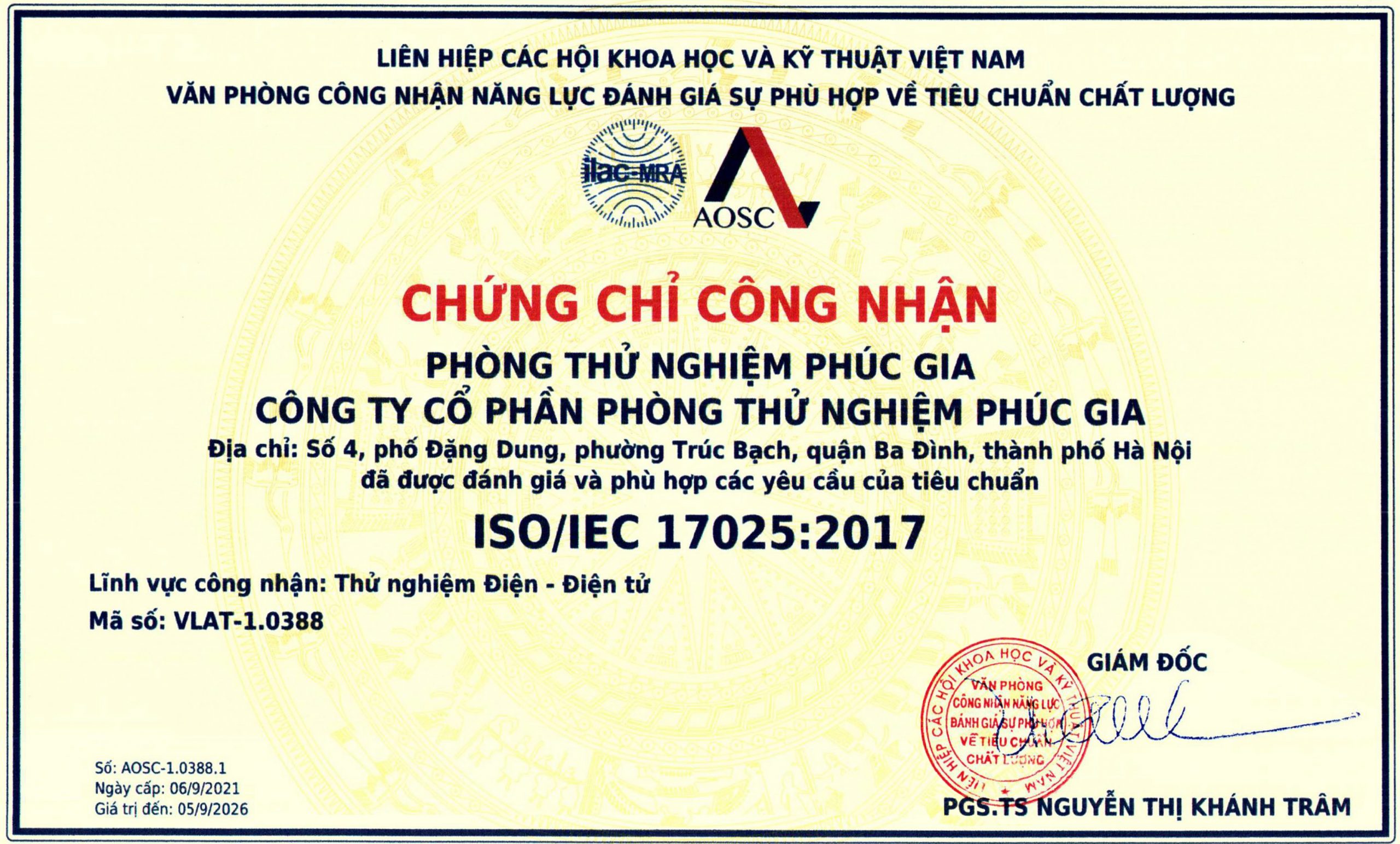 Bảo vệ: Quyết Định Công Nhận Phòng Thử Nghiệm Phúc Gia (PGL) Có Năng Lực Đáp Ứng Yêu Cầu Tiêu Chuẩn ISO/IEC 17025:2017 – VLAT-1.0388