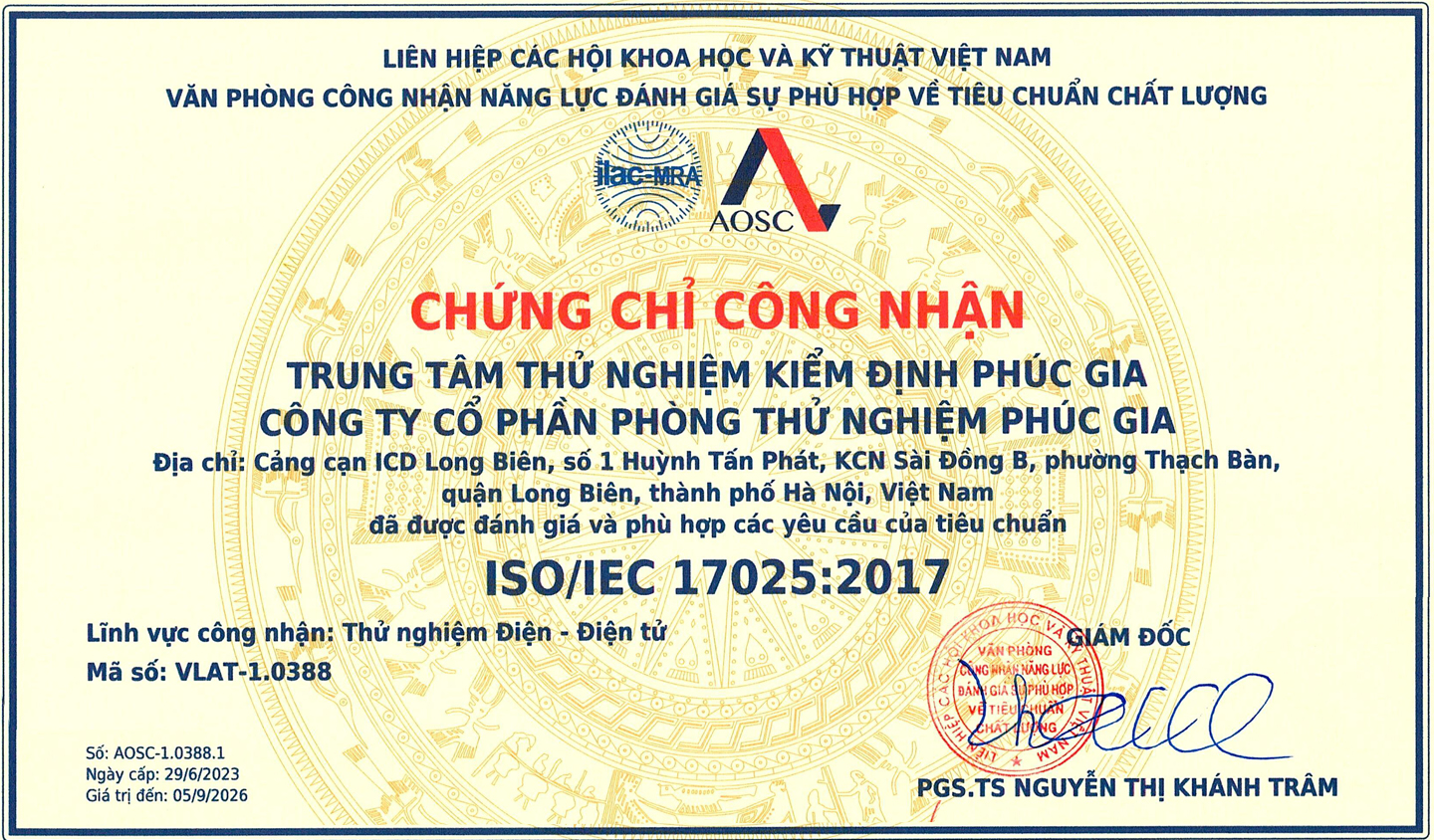 Bảo vệ: Quyết Định Công Nhận Phòng Thử Nghiệm Phúc Gia (PGL) Có Năng Lực Đáp Ứng Yêu Cầu Tiêu Chuẩn ISO/IEC 17025:2017 – VLAT-1.0388 – Năm 2023