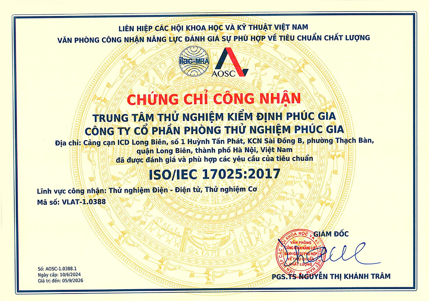 Trung Tâm Thử Nghiệm Kiểm Định Phúc Gia Đạt Chuẩn ISO/IEC 17025:2017 – VLAT-1.0388
