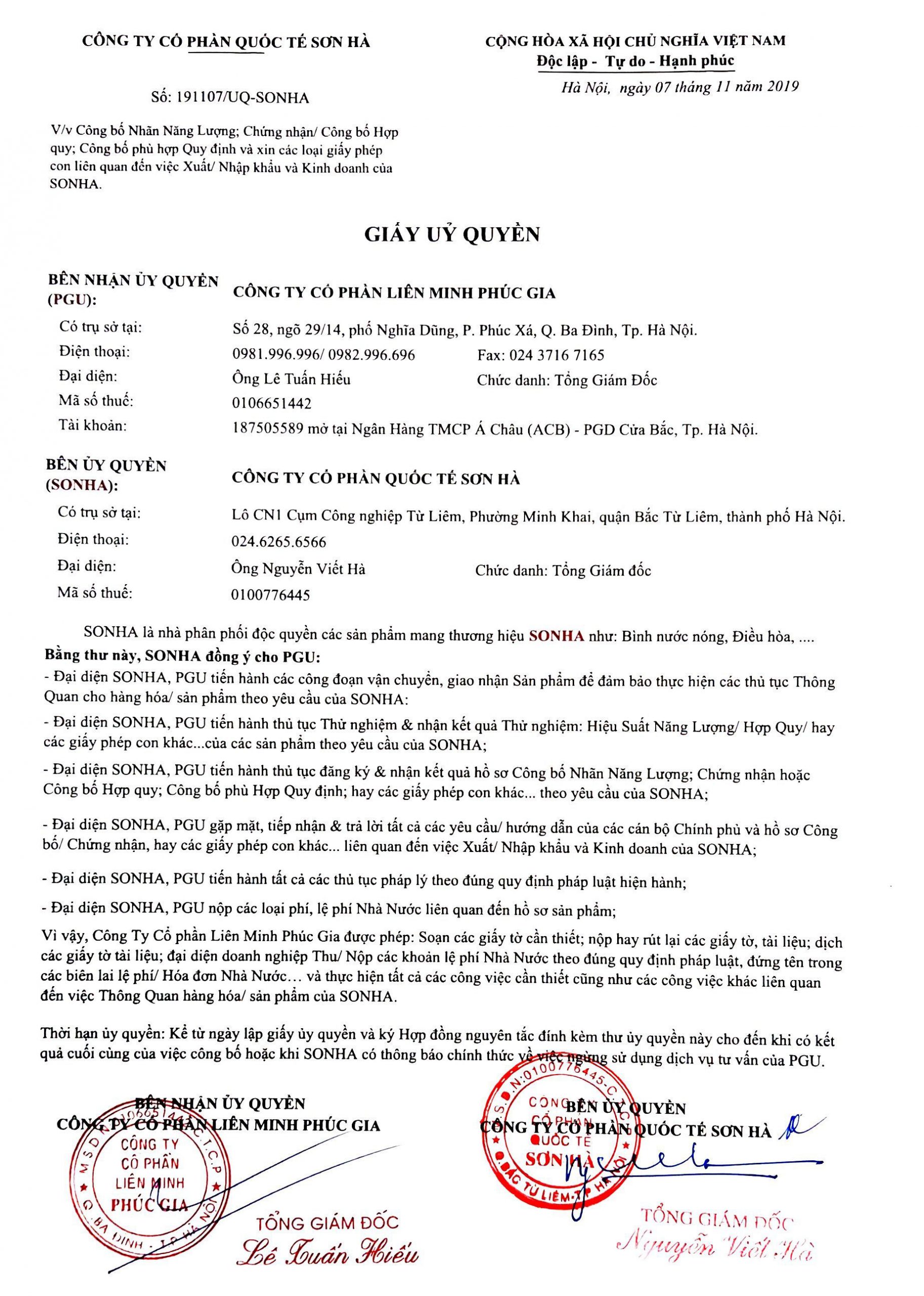giấy ủy quyền sơn hà