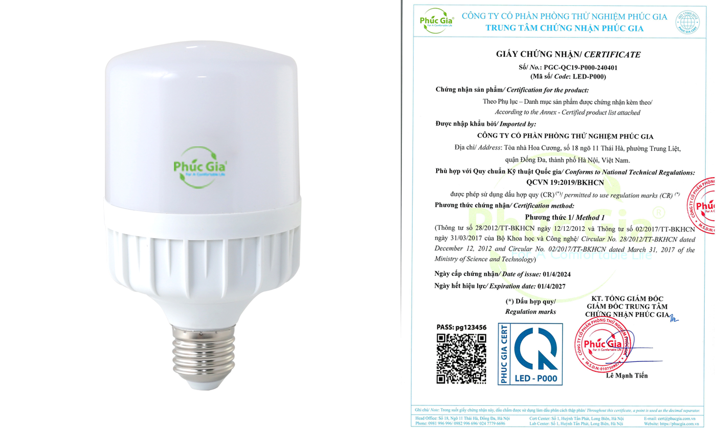Giấy Chứng Nhận Sản Phẩm Bóng Đèn LED có Ba-lát Lắp Liền Theo QCVN 19:2019/BKHCN