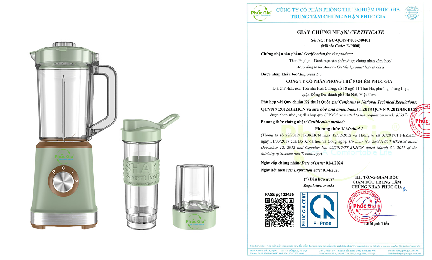 Giấy Chứng Nhận Sản Phẩm Máy Xay Sinh Tố Đa Năng Theo QCVN 09:2012/BKHCN
