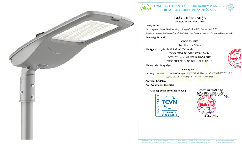 Mẫu Giấy Chứng Nhận Sản Phẩm Đèn LED Chiếu Sáng Đường Phố Theo TCVN 7722-1:2017/ TCVN 7722-2-3:2019