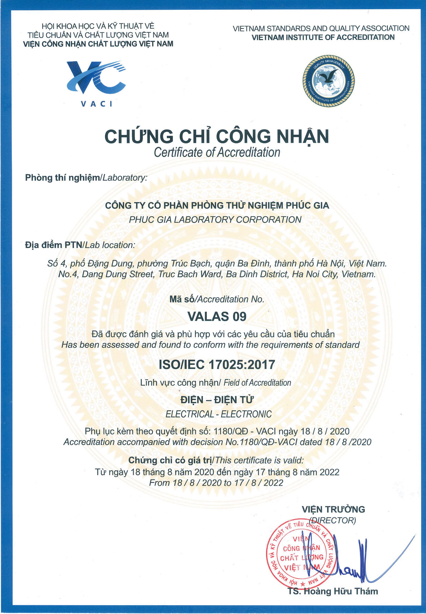 Chứng chỉ Valas của phòng thử nghiệm Phúc Gia