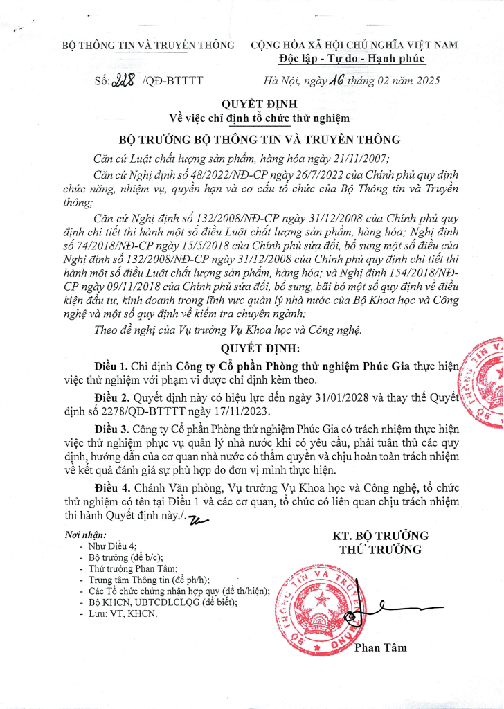 Phúc Gia Được Bộ Thông Tin Và Truyền Thông Chỉ Định Thử Nghiệm Thiết Bị Viễn Thông & CNTT Theo Quyết Định 228/QĐ-BTTTT
