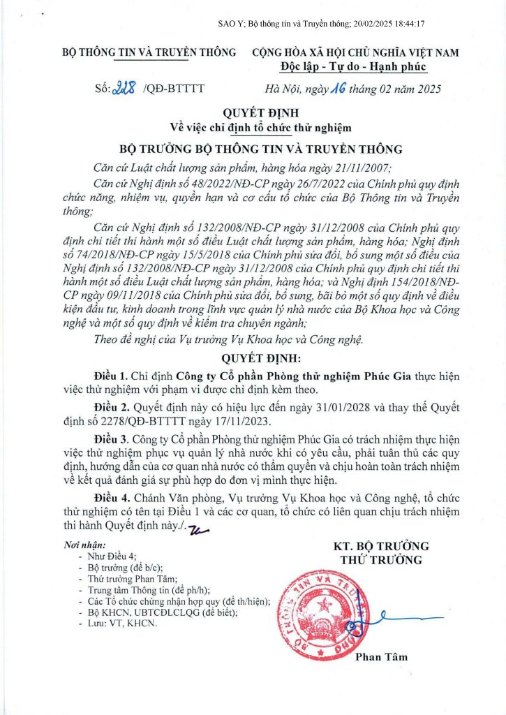 Phúc Gia Được Bộ Thông Tin Và Truyền Thông Chỉ Định Thử Nghiệm Thiết Bị Viễn Thông & CNTT Theo Quyết Định 228/QĐ-BTTTT